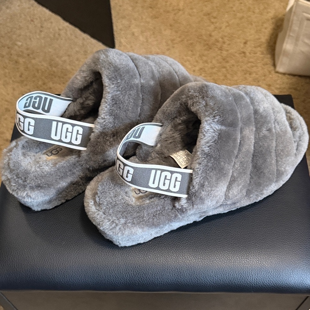 UGG Soft Gray Fluffy Slides